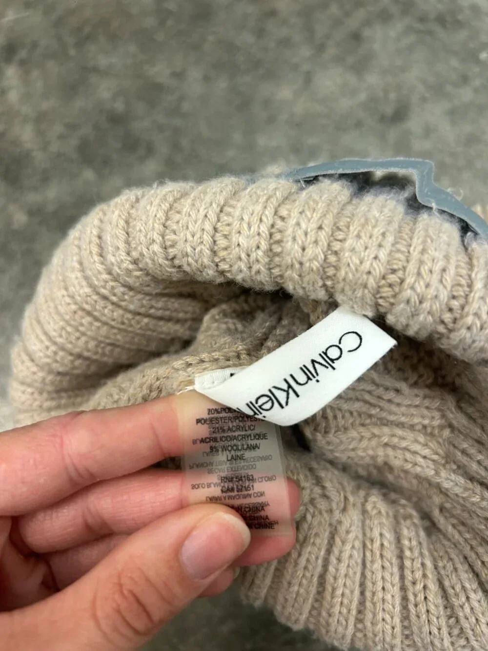 Calvin Klein Tan Knit Pom Pom Beanie Gray White Stripe Foldover One Size Winter